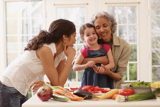 Family in kitchen cooking meal together